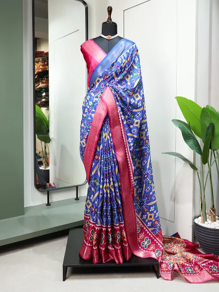 Blue Color Dola Silk Saree With Patola Print and Zari Weaving Border With Blouse