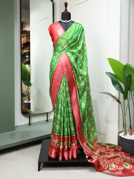 Parrot Color Dola Silk Saree With Patola Print and Zari Weaving Border With Blouse