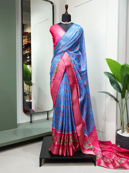 Sky Blue Color Dola Silk Saree With Patola Print and Zari Weaving Border With Blouse