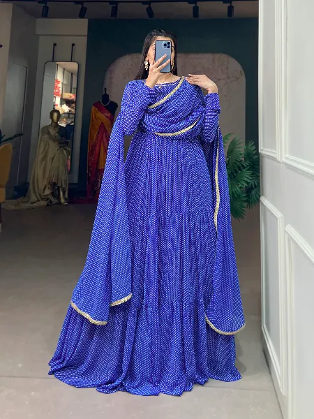 Royal Blue Color Georgette Gown With Dot Print and 9 Meter Big Flair Gown