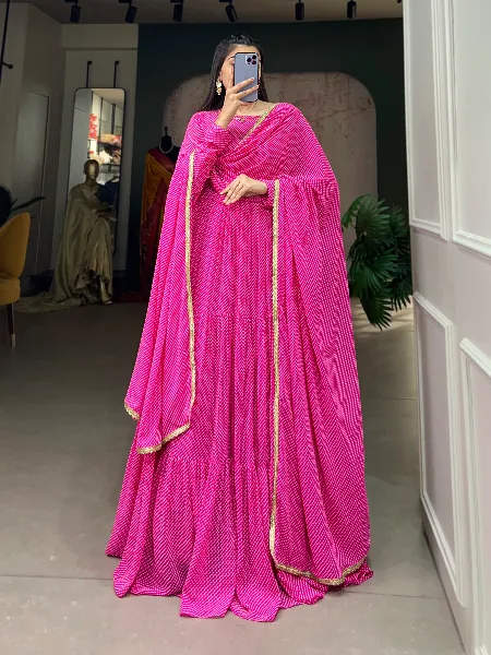 Pink Color Georgette Gown With Dot Print and 9 Meter Big Flair Gown