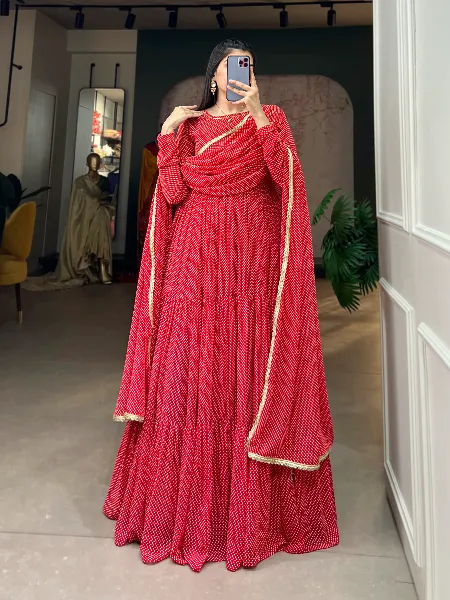 Red Color Georgette Gown With Dot Print and 9 Meter Big Flair Gown