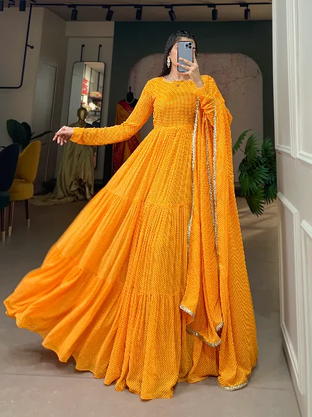Yellow Color Georgette Gown With Dot Print and 9 Meter Big Flair Gown