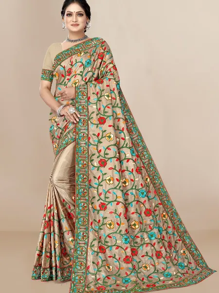 Beige Color Dola Silk Saree With Beautiful Embroidery and Blouse Indian Saree