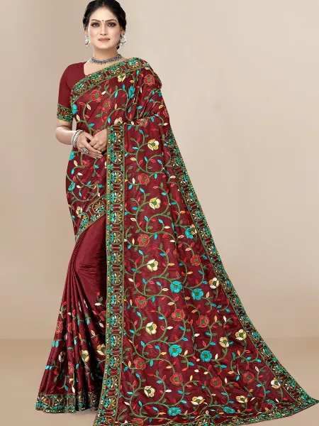 Maroon Color Dola Silk Saree With Beautiful Embroidery and Blouse Indian Saree