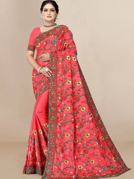 Pink Color Dola Silk Saree With Beautiful Embroidery and Blouse Indian Saree