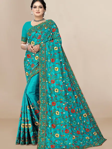 Sky Color Dola Silk Saree With Beautiful Embroidery and Blouse Indian Saree