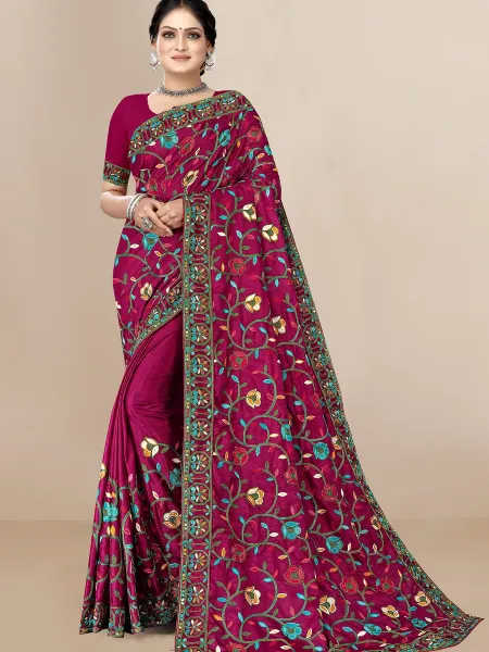 Wine Color Dola Silk Saree With Beautiful Embroidery and Blouse Indian Saree