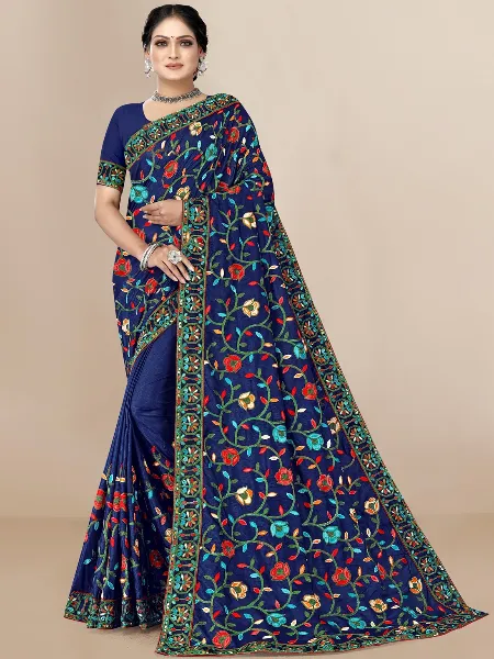 Blue Color Dola Silk Saree With Beautiful Embroidery and Blouse Indian Saree