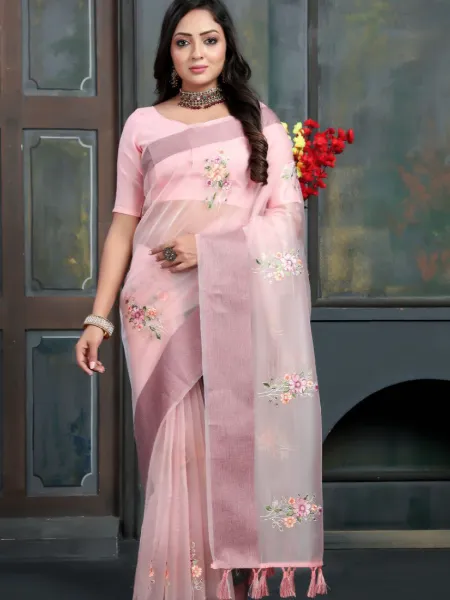 Light Pink Saree in Organza With Colorful Embroidery and Zari Border