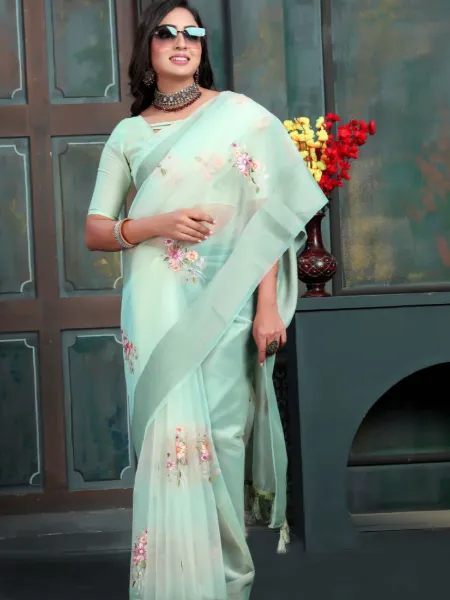 Light Green Saree in Organza With Colorful Embroidery and Zari Border