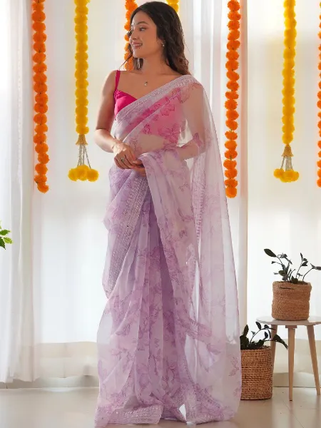 Lavender Saree in Organza With Digital Print and Embroidery Work With Blouse