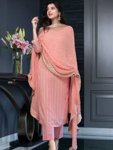 Peach Color Ramzan Special Chanderi Suit With Stitched Pant and Dupatta