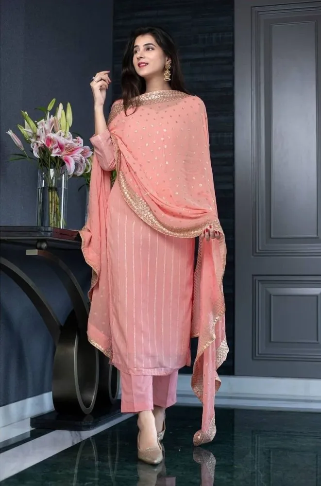 Peach Georgette Embroidered Punjabi Suit With Dupatta 4495SL04