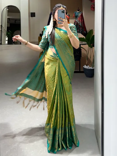 Parrot Color Kanjivaram Silk Saree With Zari Weaving Work and Blouse