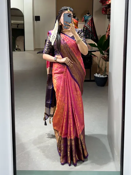 Pink Color Kanjivaram Silk Saree With Zari Weaving Work and Blouse