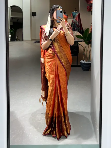 Orange Color Kanjivaram Silk Saree With Zari Weaving Work and Blouse