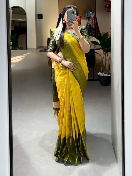 Yellow Color Kanjivaram Silk Saree With Zari Weaving Work and Blouse