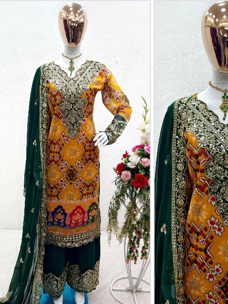 Yellow Top Pant and Dupatta Set With Print and Embroidery Pakistani Style Suit