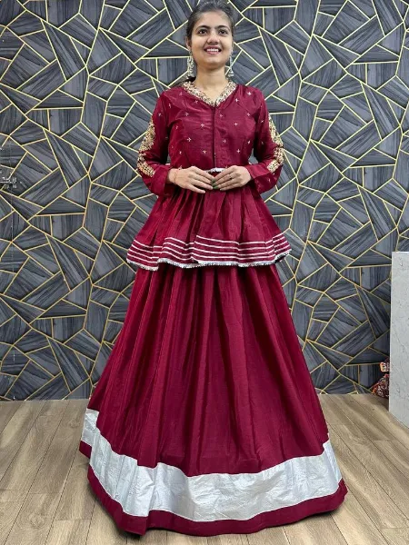 Wine South Indian Lehenga Choli With Readymade Blouse With Embroidery