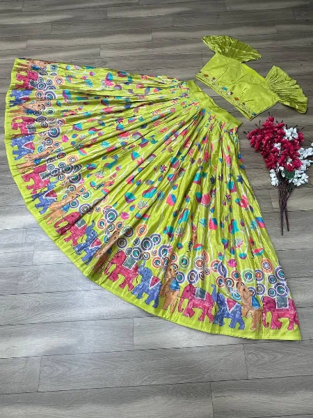 Parrot South Indian Lehenga Choli With Readymade Blouse With Kalamkari Print