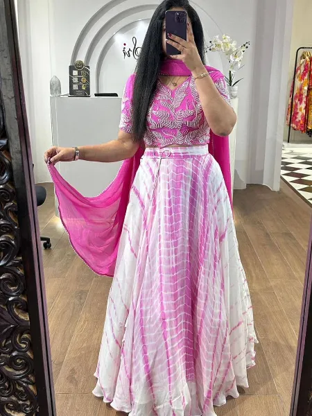 Pink Ready to Wear Lehenga Choli With Shibori Print and Embroidery Blouse