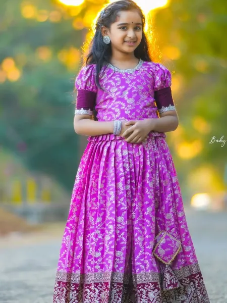 Light Purple Kids Lehenga Choli With Zari Weaving South Indian Kids Lehenga