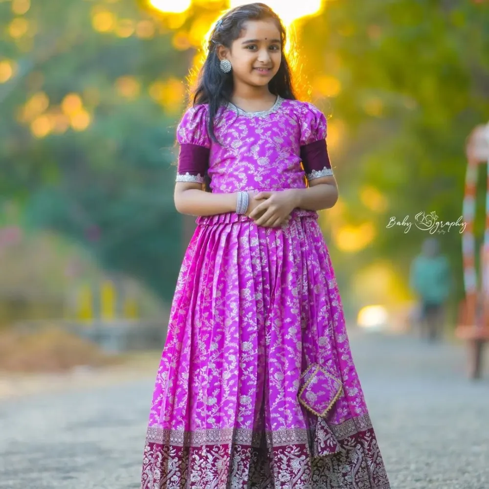 BownBee South Indian Ethnic Pavda Pattu Lehenga With Short Sleeves Choli -  Multi Color – BownBee - Styling Kids The Indian Way