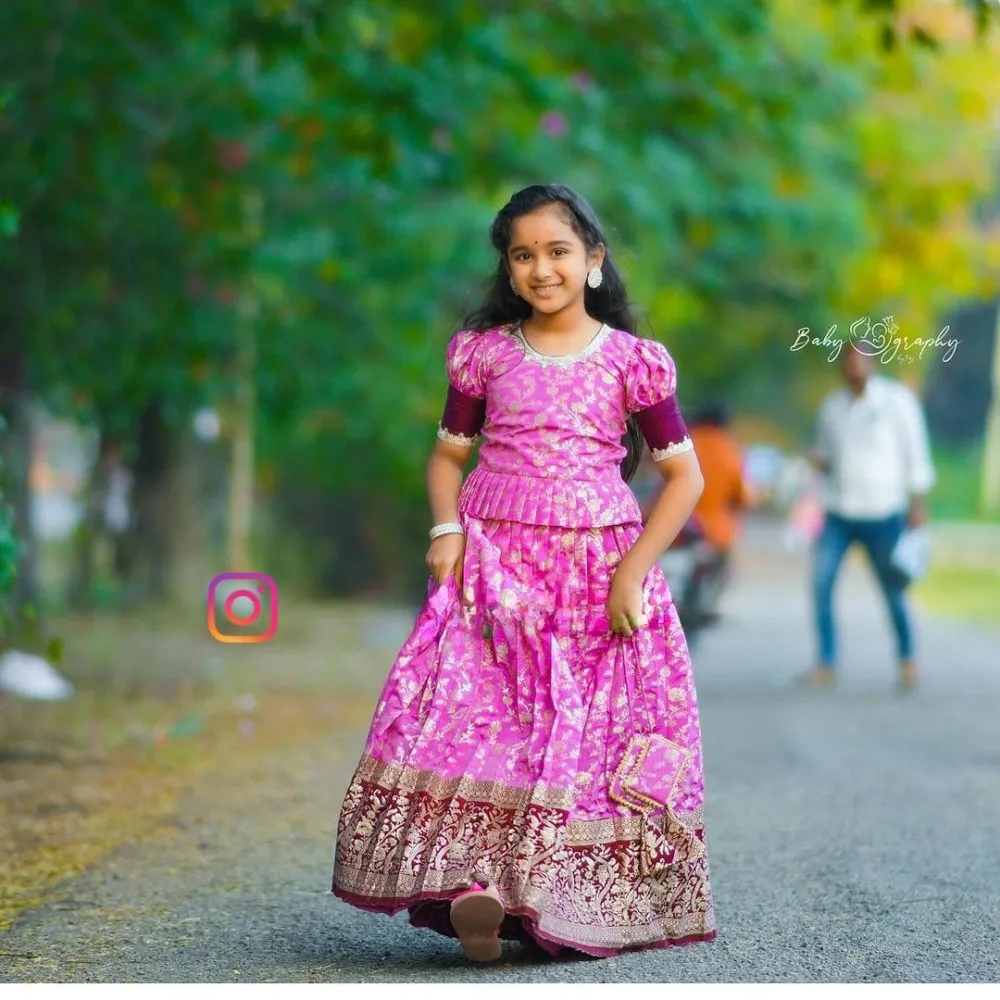 Kids New south Indian traditional pattu pavadai Jecquard Lehenga choli for  girls dress - EVERWILLOW - 3940430