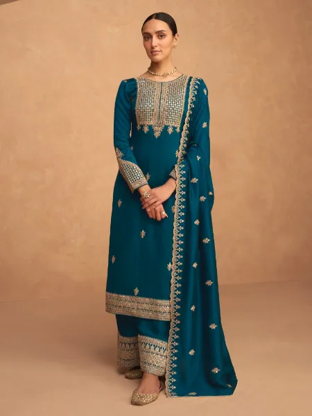 Rama Color Premium Silk Salwar Suit With Beautiful Sequence Embroidery Work