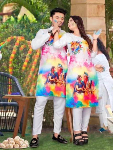 Radha Krishna Print Holi Couple Combo in Crepe Holi Festival Wear