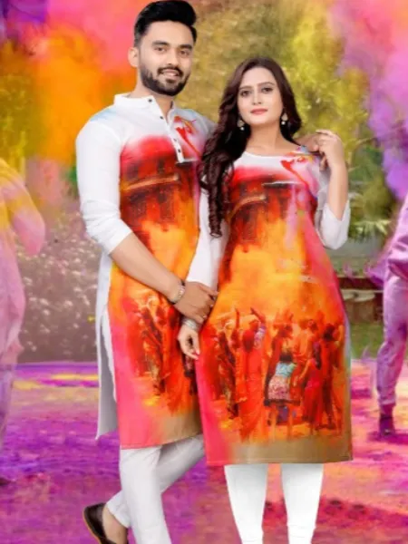 Holi Festival Indian Wear for Couple in Crepe with Digital Print
