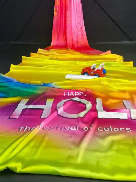 Holi Festival Saree in Japan Satin Sari for Holi with Digital Print and Blouse