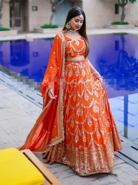 Orange Ready to Wear Lehenga Choli With Sequence Embroidery in Georgette