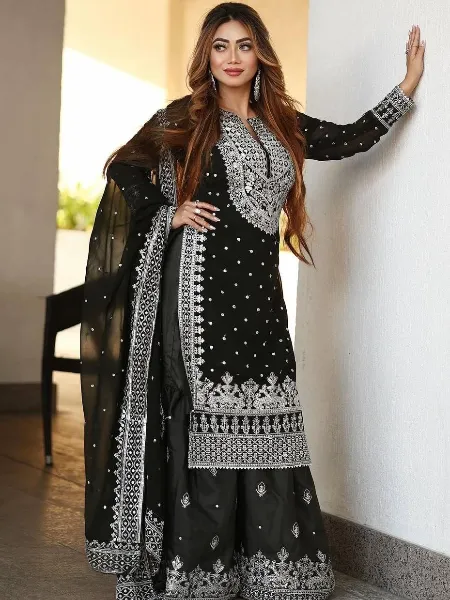 Black Color Designer Top Gharara Suit in Georgette With Embroidery Work