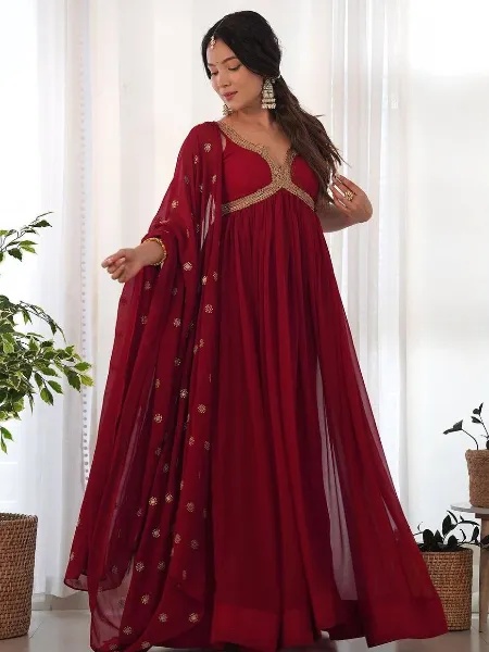 Maroon Color Georgette Gown With Beautiful Neck Embroidery With Dupatta