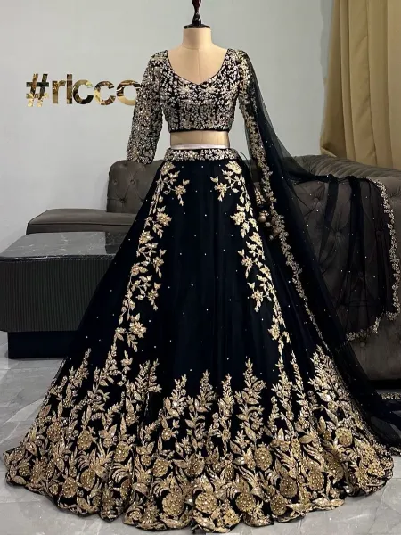 Black Lehenga Choli in Georgette With 5mm Sequins for Wedding With Dupatta