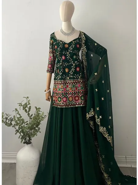Green Top Sharara and Dupatta Set With Embroidery Work in Georgette