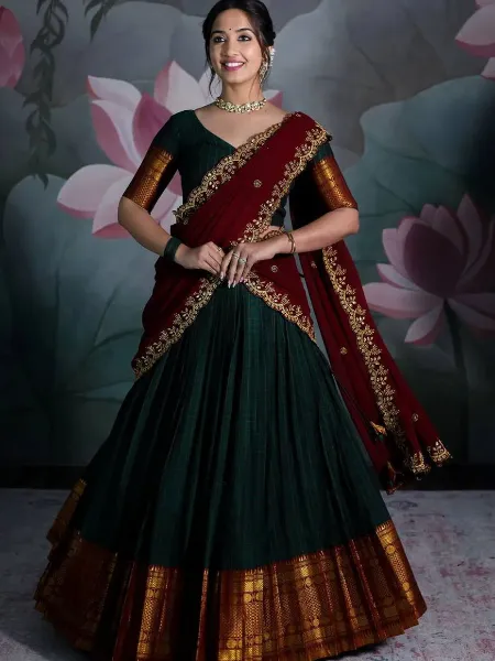 Green Ready to Wear Half Saree Lehenga in Jacquard Fabric South Indian Lehenga