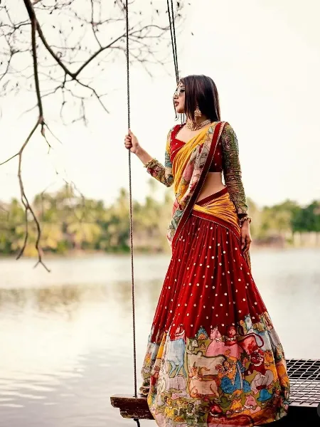 Red Ready to Wear Lehenga Choli With Kalamkari Print and Embroidery Work