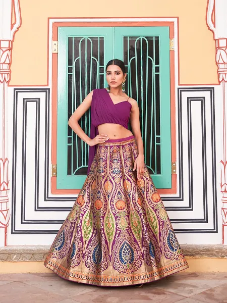 Purple Banarasi Silk Lehenga Choli with Zari Weaving Work and Readymade Blouse Attached Georgette Fancy Dupatta