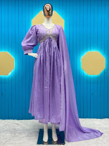 Lavender Alia Neck Pattern Gown With Pant and Dupatta With Embroidery