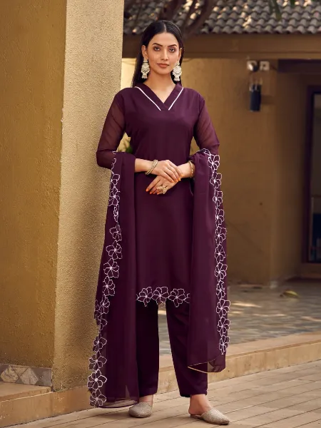 Wine Kurti Pant and Dupatta Set in Viscos Tissue With Embroidery Work