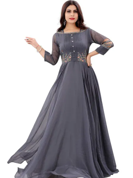 Grey Color Designer Party Wear Gown With Embroidery Work and Fancy Sleeve