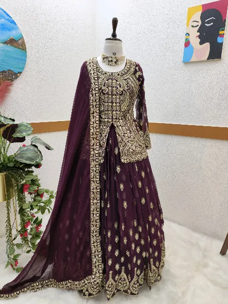 Wine Indo Western in Georgette With Heavy Embroidery Work and Dupatta
