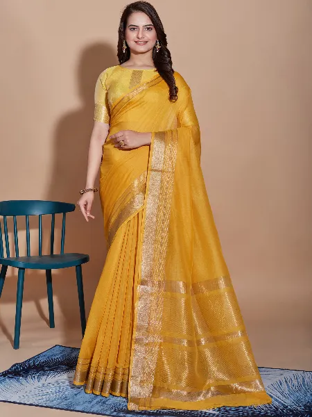 Yellow Cotton Saree With Weaving Work and Blouse Indian Traditional Saree