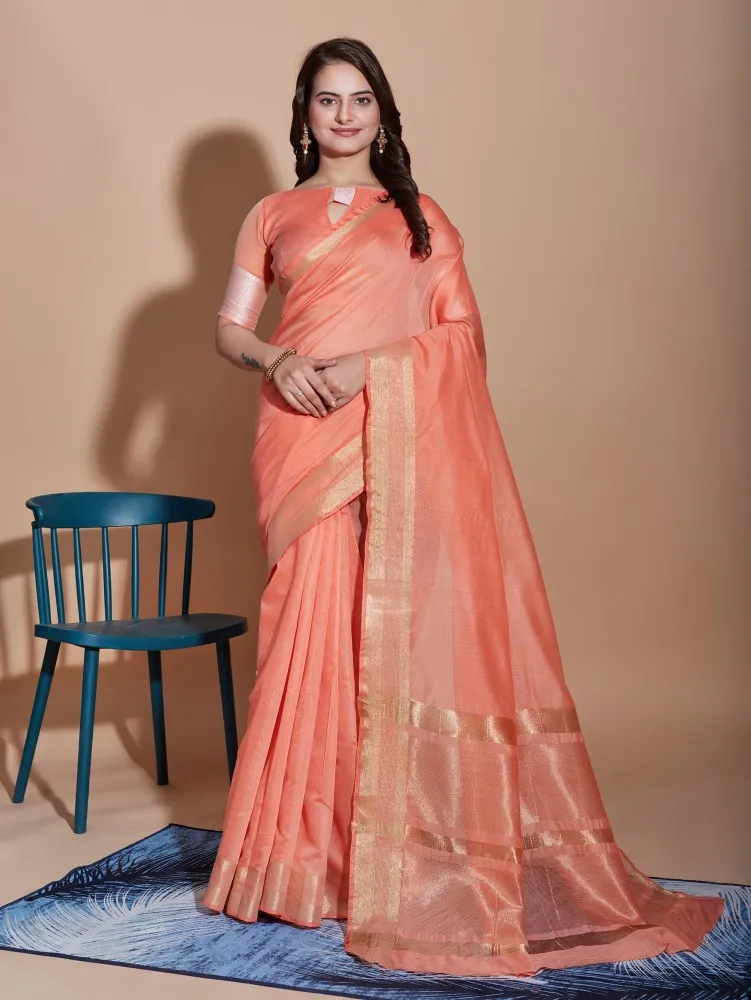 Phenomenal Peach Handloom Weaving Cotton Linen Saree