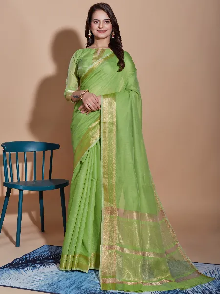 Parrot Cotton Saree With Weaving Work and Blouse Indian Traditional Saree