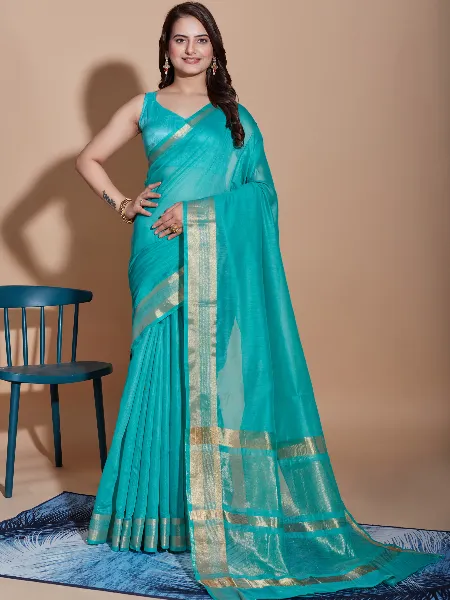 Sky Blue Cotton Saree With Weaving Work and Blouse Indian Traditional Saree