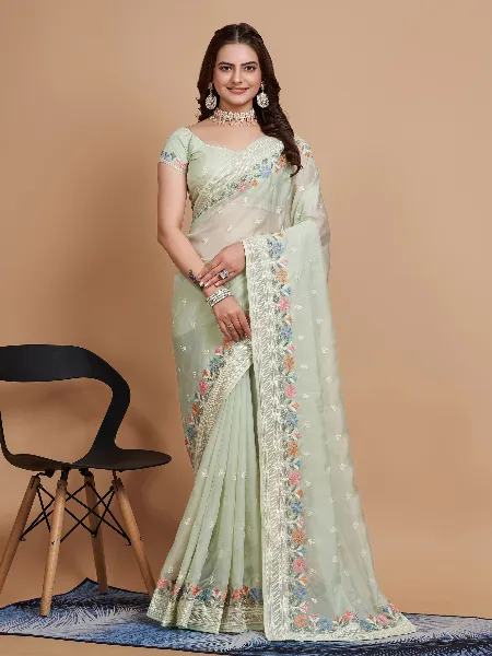 Pista Tabby Organza Saree With Beautiful Embroidery Work and Blouse